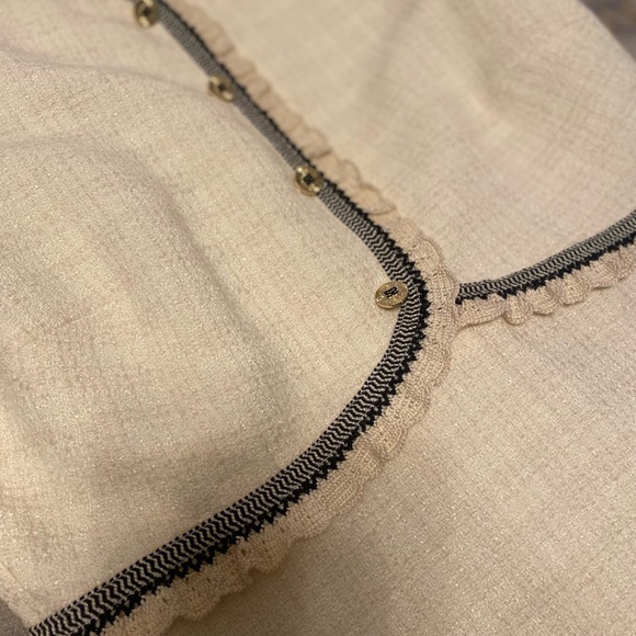 Sandro Paris Tweed Dress in Ecru • Gold accent buttons • Black lace trim - Picture 7 of 7